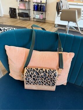 Consuela Joss on the Town. Tan Leopard-Accent Crossbody with Green-Striped Strap